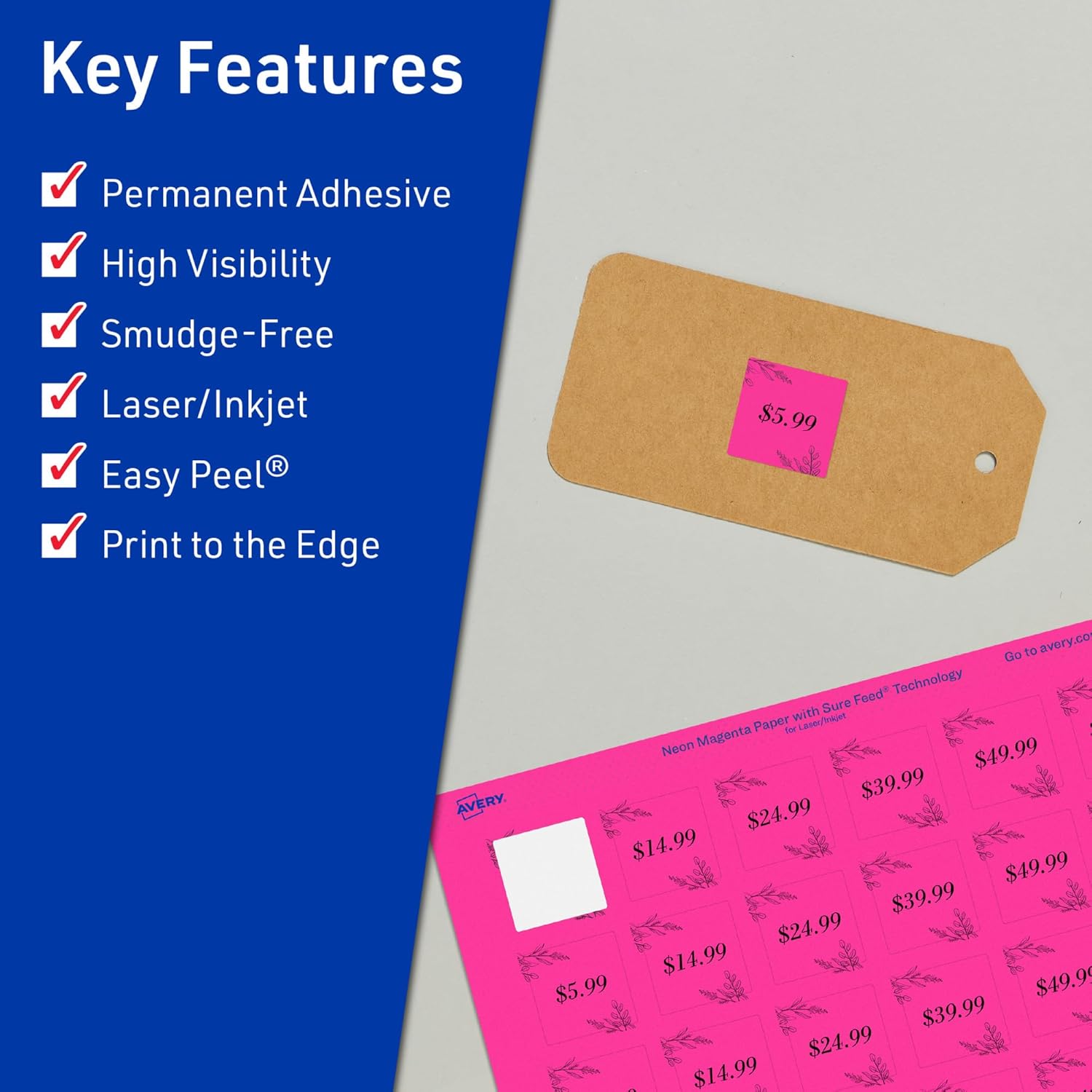 AVERY Neon Magenta Printable Square Labels 1" x 1"