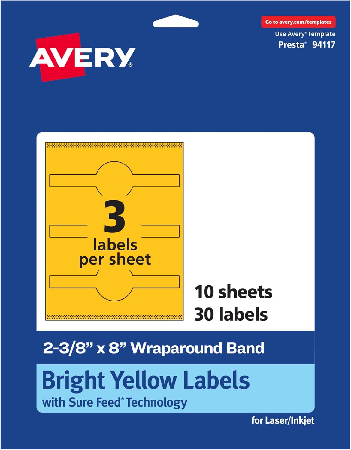 Avery Printable Wraparound Band Labels, Sure Feed Technology, 2-3/8" x 8", Bright Yellow, Cigar
