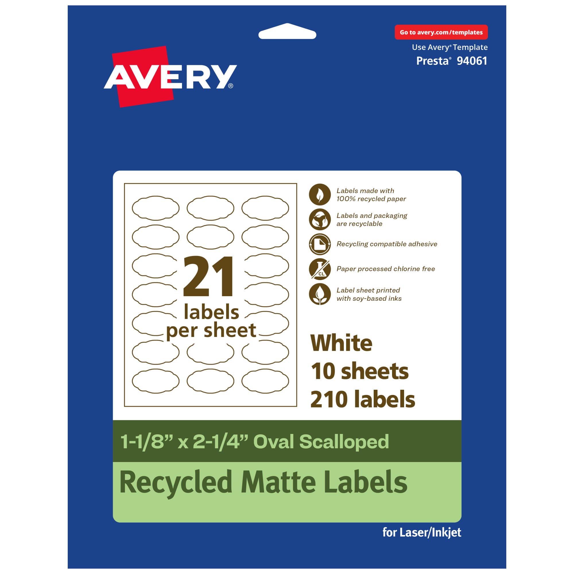 Avery EcoFriendly Matte White Recycled Oval Scalloped Labels, 1-1/8" x 2-1/4", Print-to-The-Edge, Matte White Labels