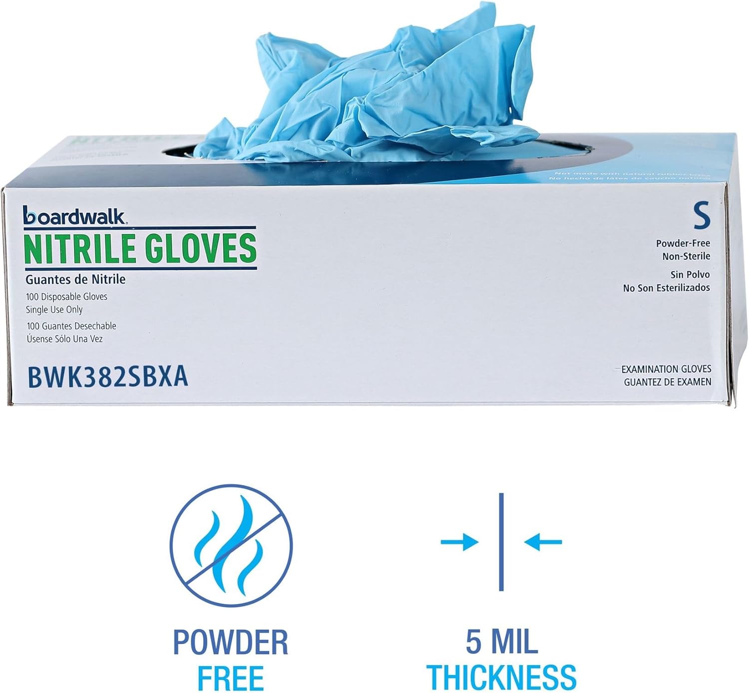 Boardwalk Disposable Examination Nitrile Gloves, Small, Blue, 5 mil, 100/Box