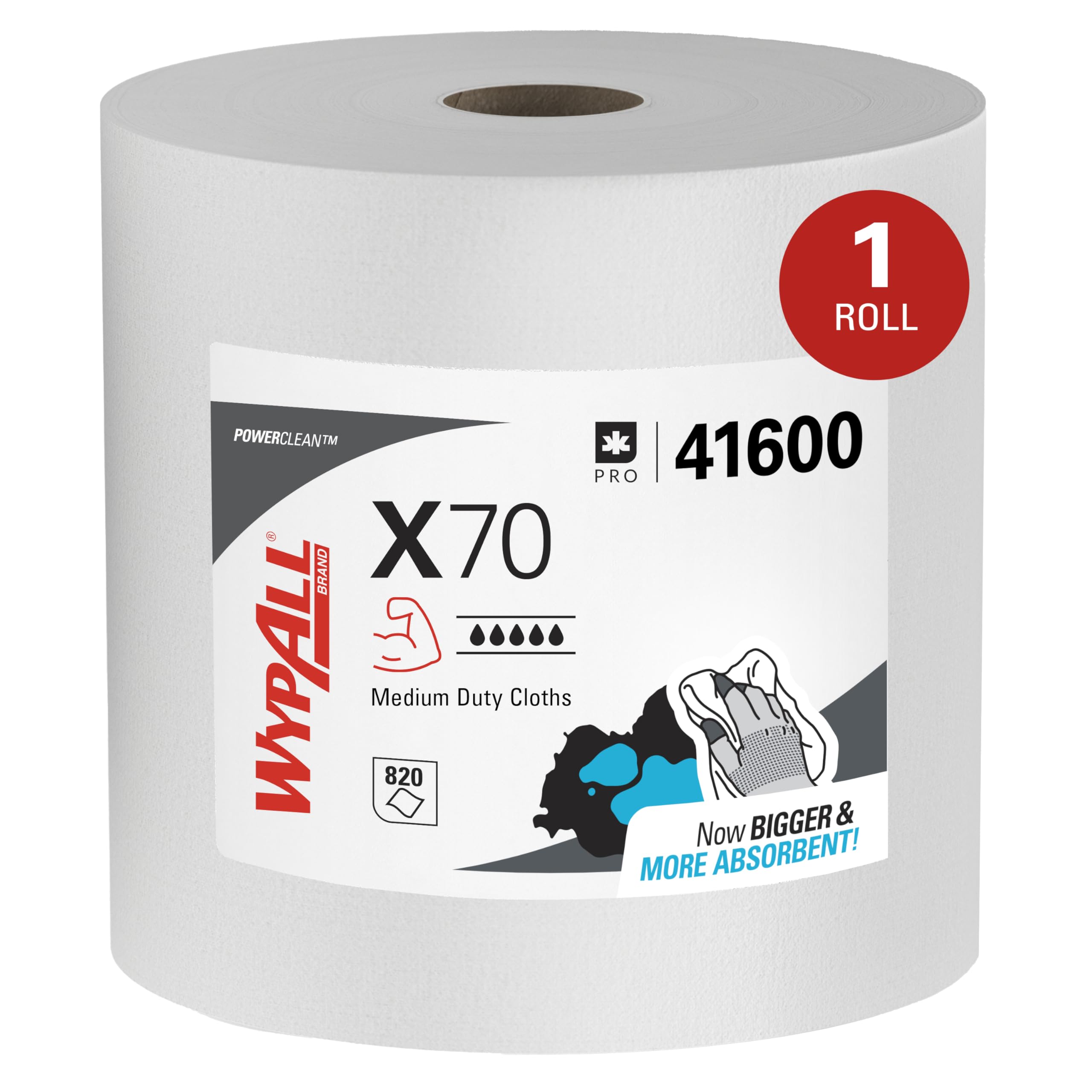 WypAll PowerClean X70 Cloths Medium Duty Wipes, Jumbo Roll, 870 Sheets, White