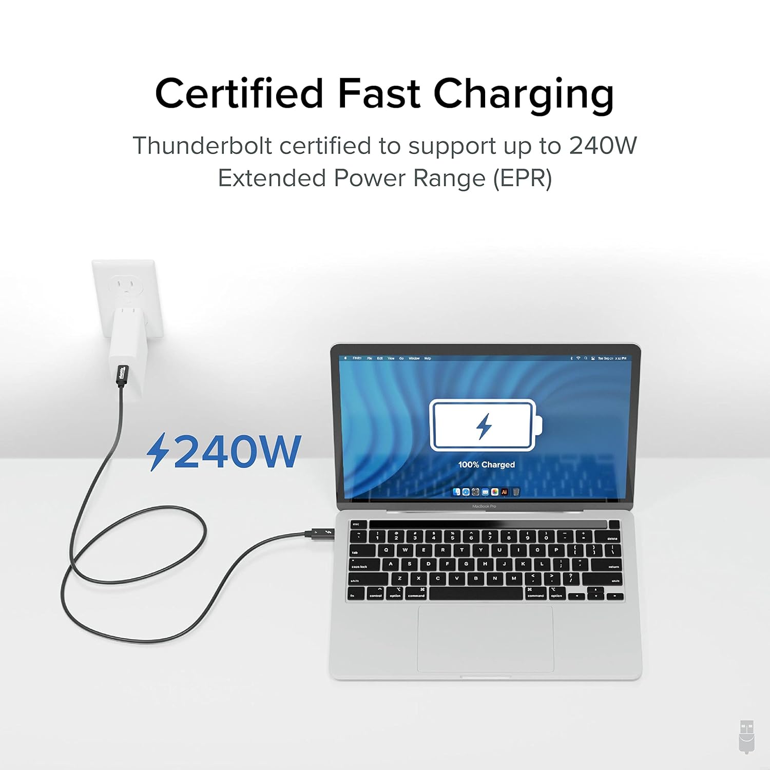 Plugable Thunderbolt 4 Cable with 240W Charging, Thunderbolt Certified, 3.3 Feet (1M),1x 8K Display, 40 Gbps