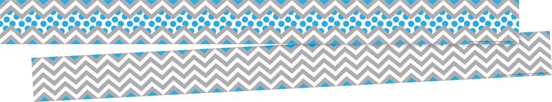 Barker Creek Double-Sided Border 2-Pack, Gray & Blue Chevron, Decorate Galore with 70' of Border, Coordinating Designs Printed On Both Sides for Twice The Value, 3" x 70' (3657)