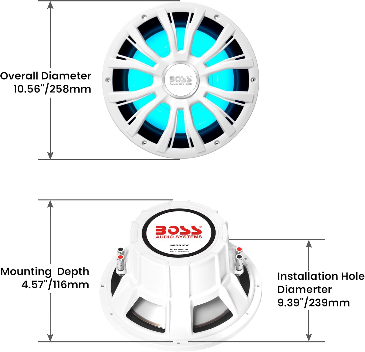 BOSS Audio Systems MRGB10W 10 Inch Boat Subwoofer - 800 Watts Max, Dual 2 Ohm Voice Coil, Multicolor Illumination