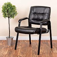 Flash Furniture Haeger LeatherSoft Tufted Executive Reception Chair with Padded Armrests, Upholstered Side Chair for Living Room or Office, Black Black Leathersoft/Black Frame