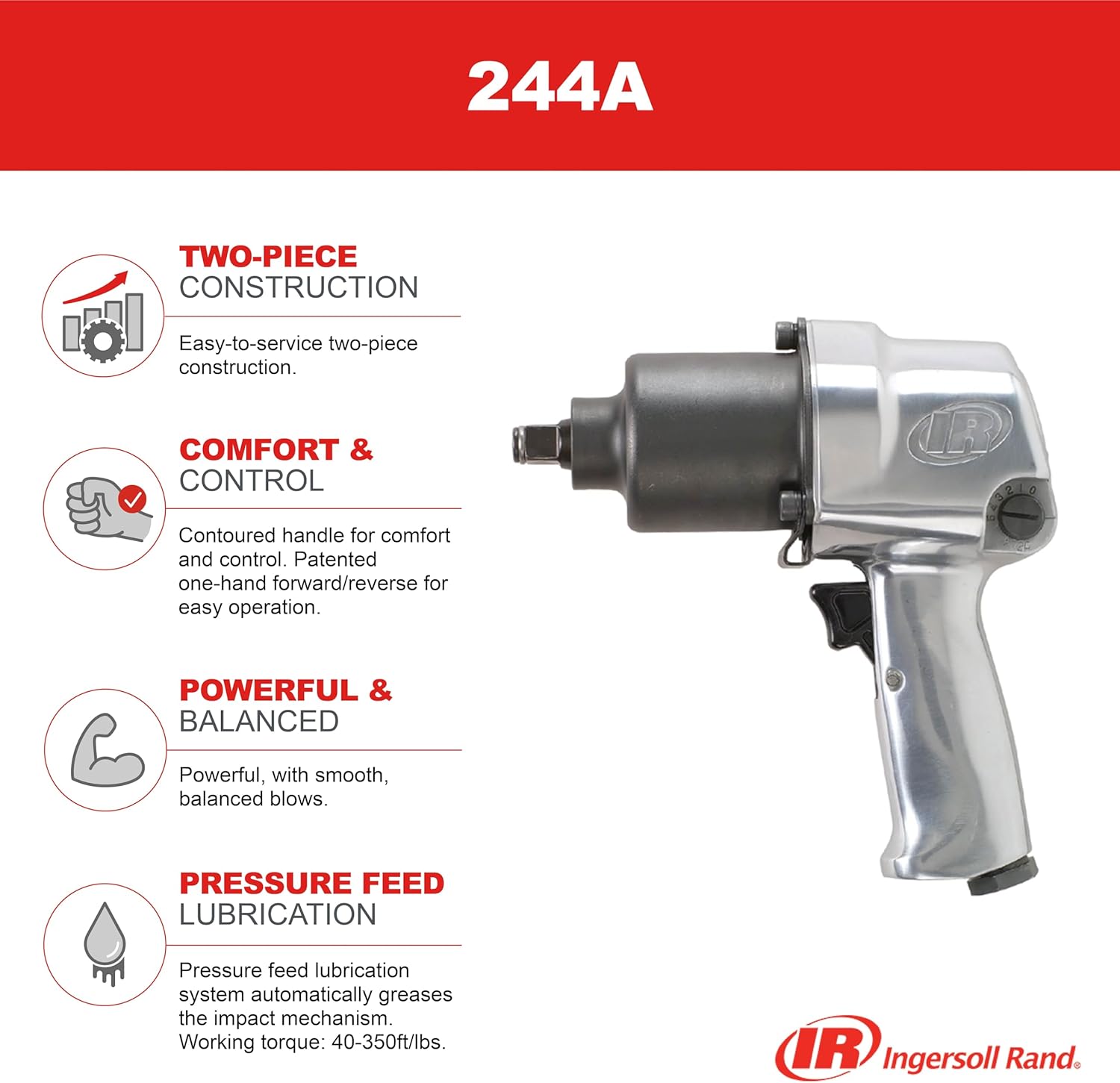 Ingersoll Rand 244A 1/2" Air Impact Wrench, 500 ft-lbs Max Torque, Super Duty, Pistol Grip Standard Anvil