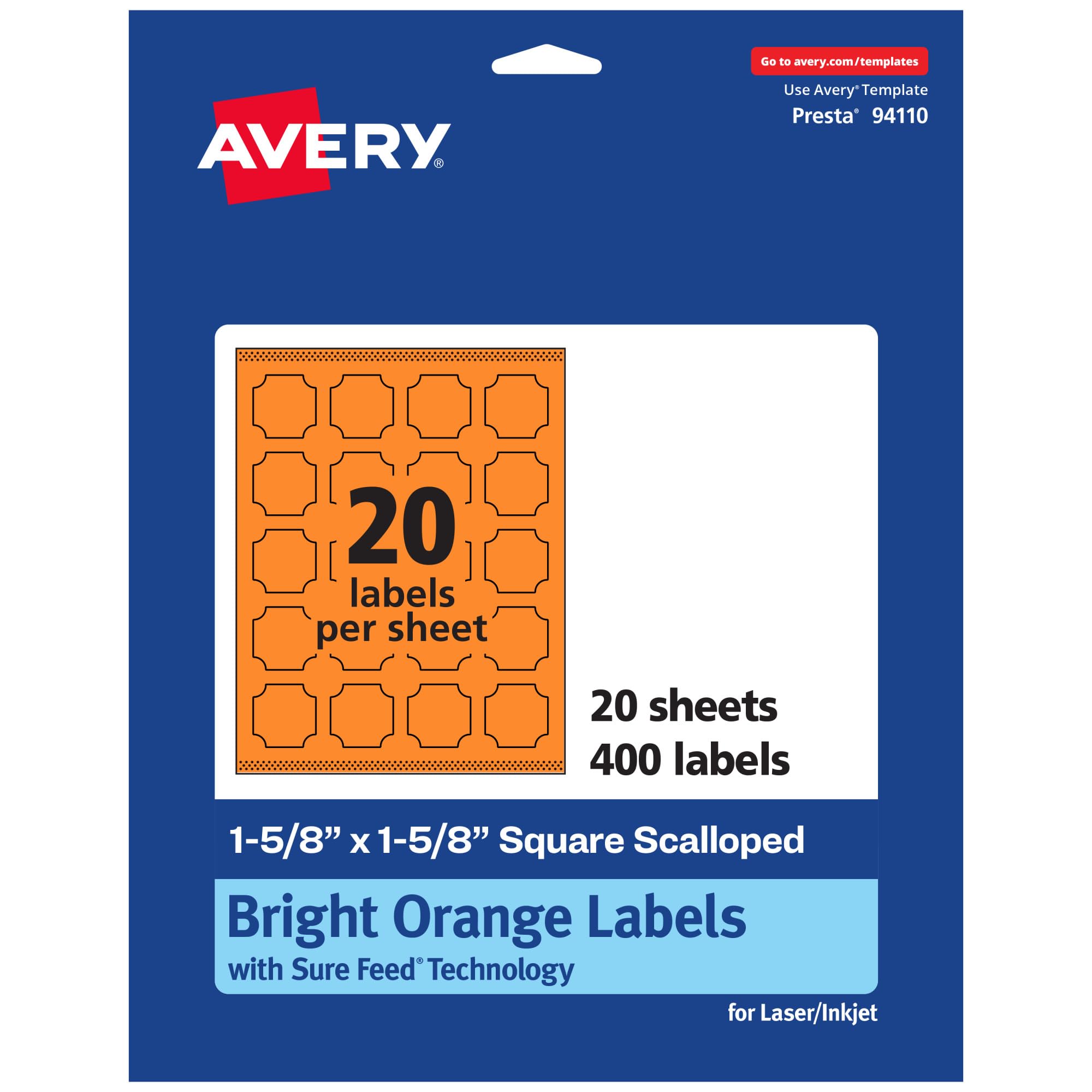 Avery Printable Square Scalloped Labels, Sure Feed Technology, 1-5/8" x 1-5/8", Bright Orange, Print-to-The-Edge