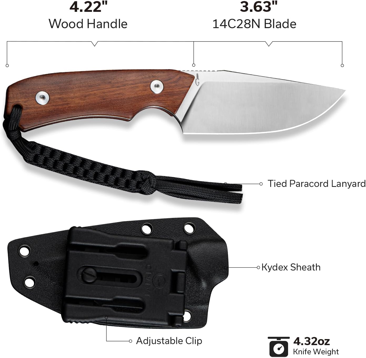 CIVIVI Gander Fixed Blade Knife with Kydex Sheath, 3.63" 14C28N Blade