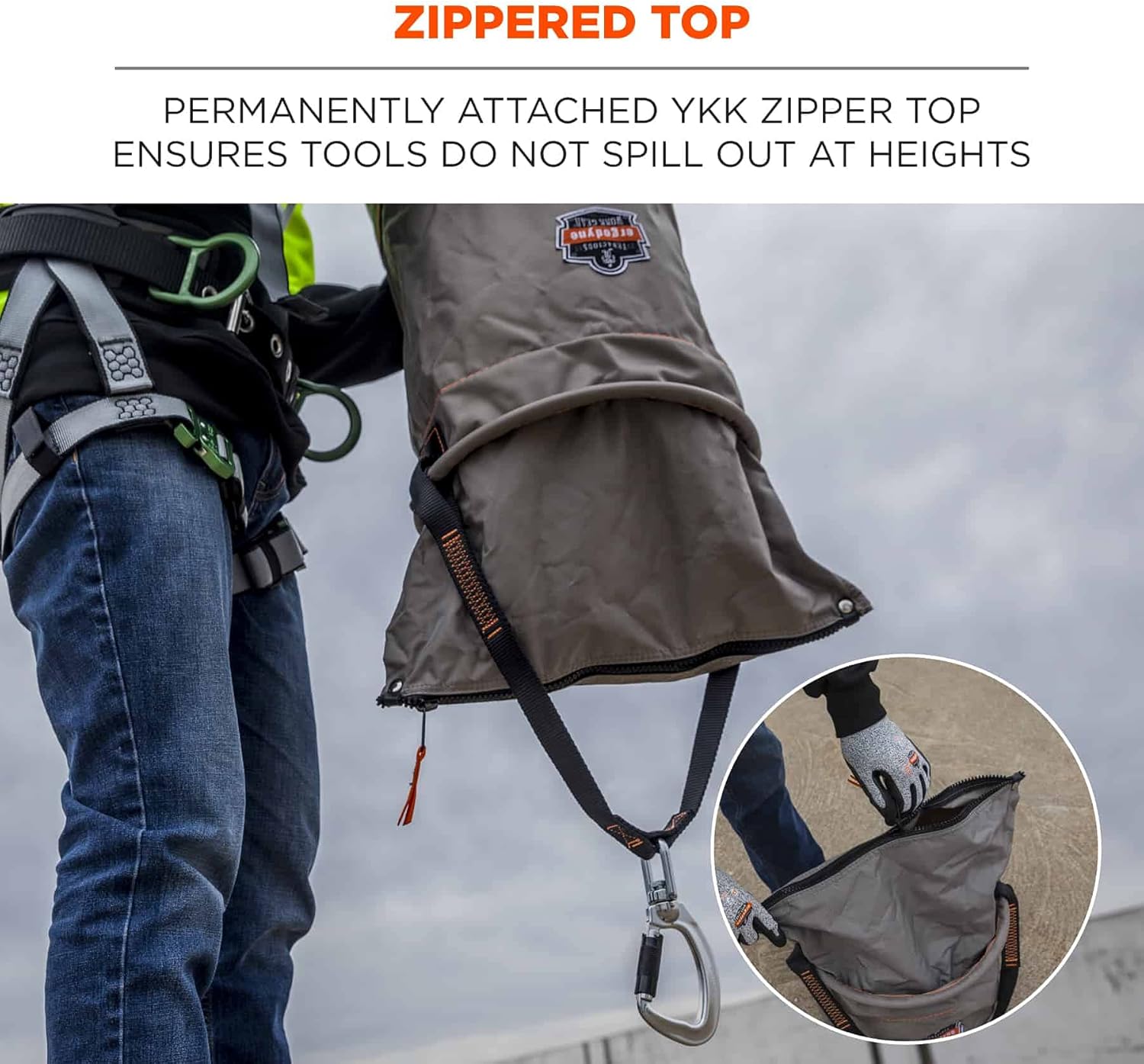 Ergodyne Arsenal 5974 Large Nylon Hoist Bucket Tool Bag - Swiveling Carabiner, Zipper Top