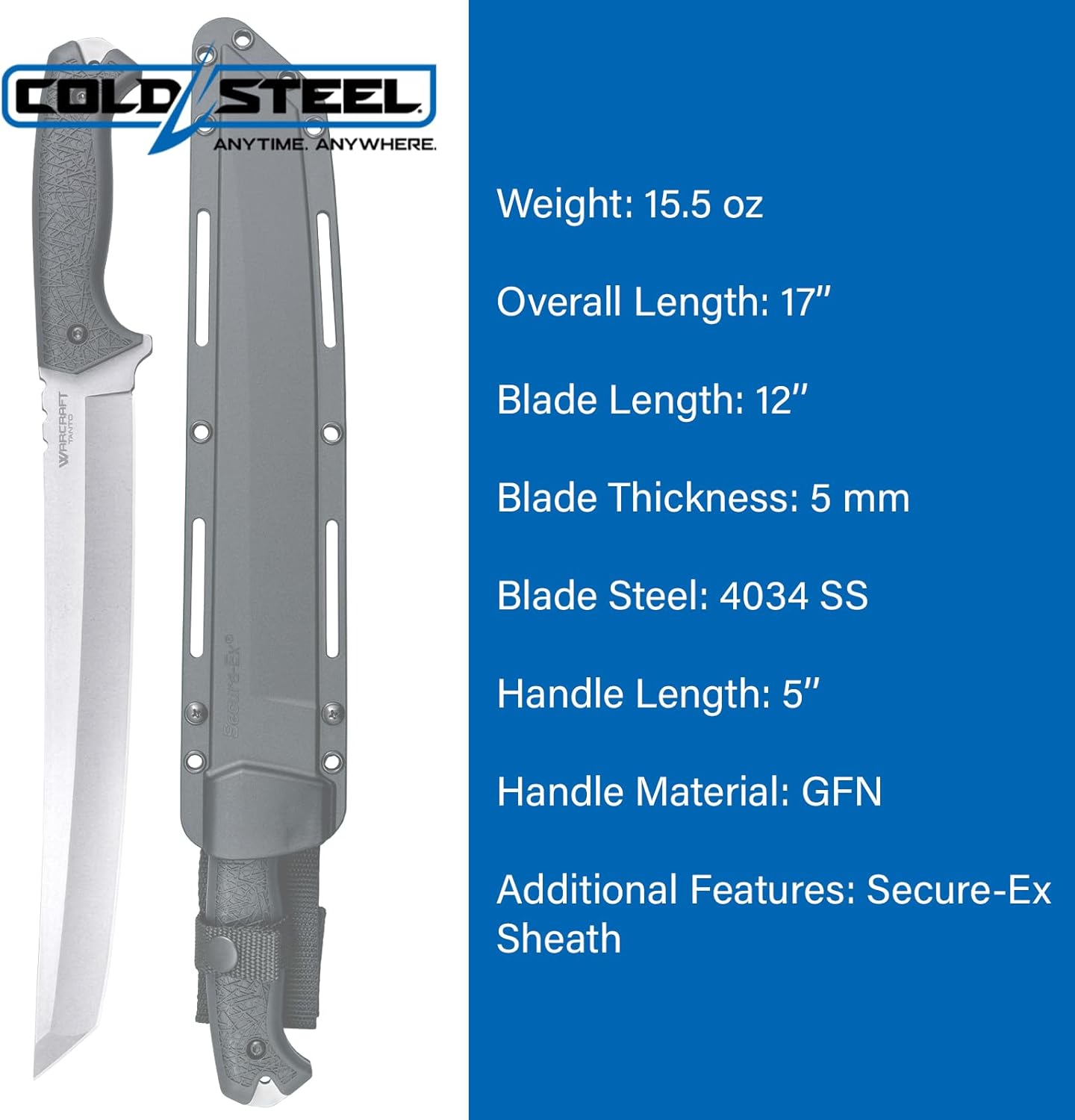 Cold Steel Warcraft Tanto 4034SS Fixed Blade Knife with GFN Handle and Secure-Ex Sheath