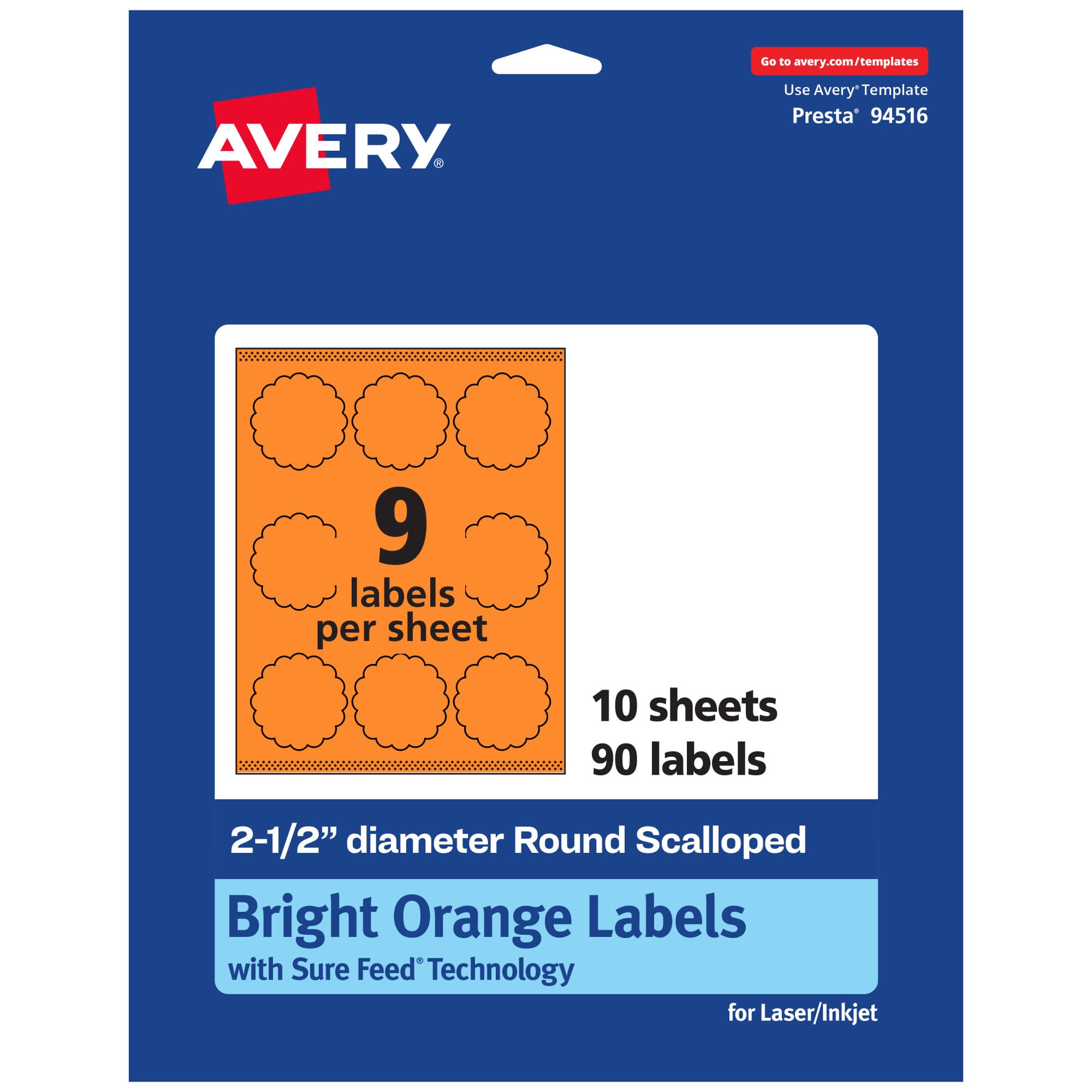 Avery Printable Round Scalloped Labels, Sure Feed Technology, 2-1/2" Diameter, Bright Orange Labels, Print-to-The-Edge