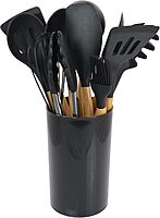 MegaChef Tool Wooden Cookware Utensil Set, 12 Piece, Black and Wood Texture