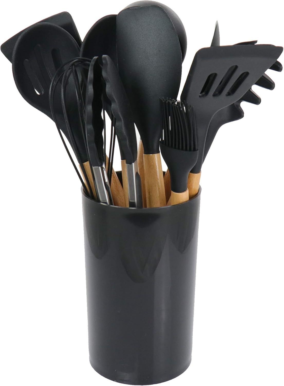 MegaChef Tool Wooden Cookware Utensil Set, 12 Piece, Black and Wood Texture