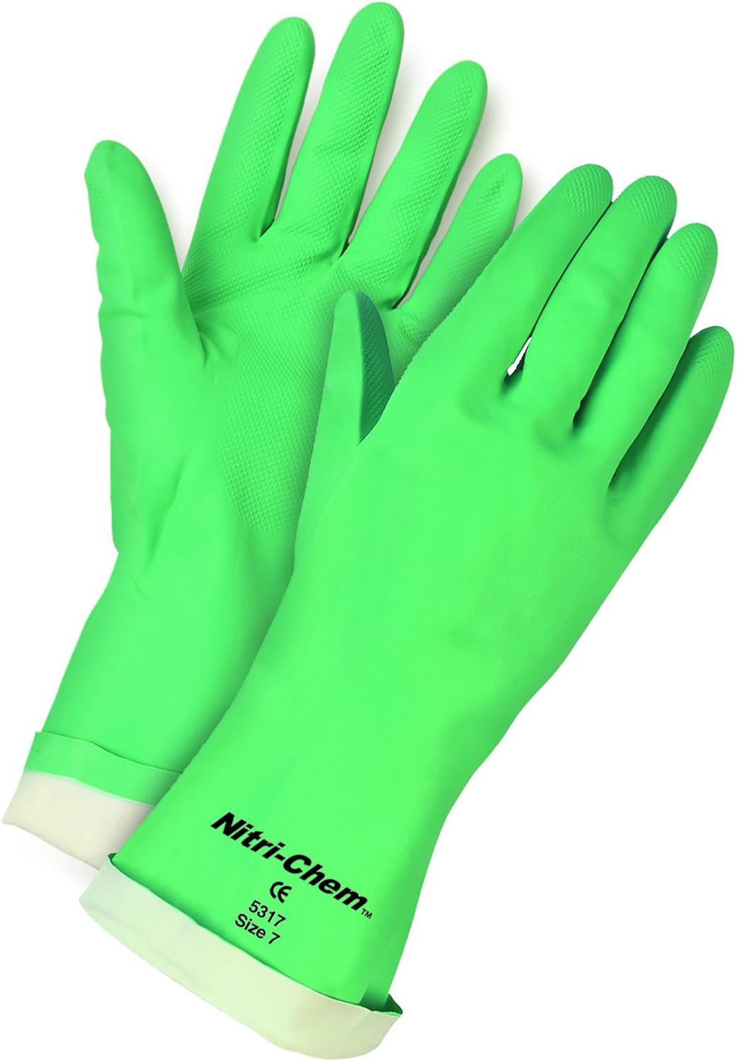 MCR Safety 5317 7-1/2-Inch Nitri-Chem Seamless Nitrile Buna Rubber Gloves with Straight Cuff and Flock Lining, Green, Small