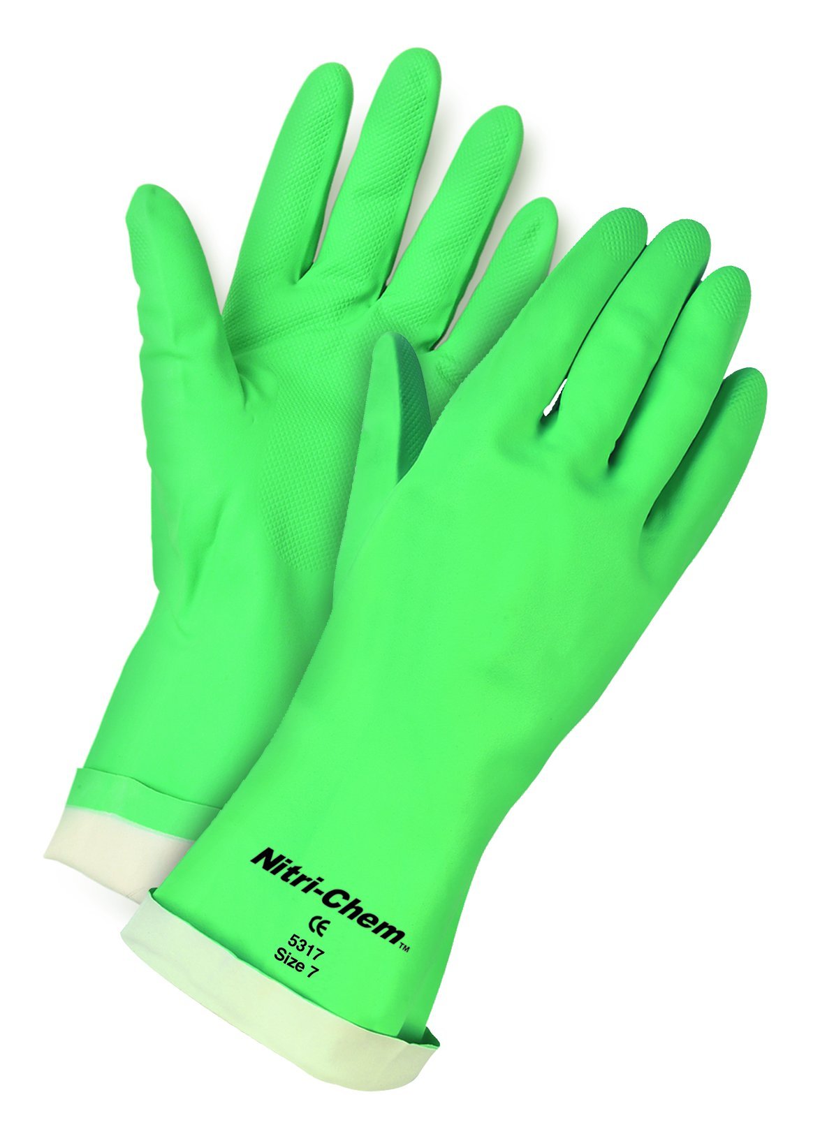 MCR Safety 5317 7-1/2-Inch Nitri-Chem Seamless Nitrile Buna Rubber Gloves with Straight Cuff and Flock Lining, Green, Small