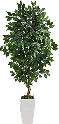 Nearly Natural Ficus 54inH Artificial Plant With Metal Planter, 54inH x 21inW x 19inD, Green/White