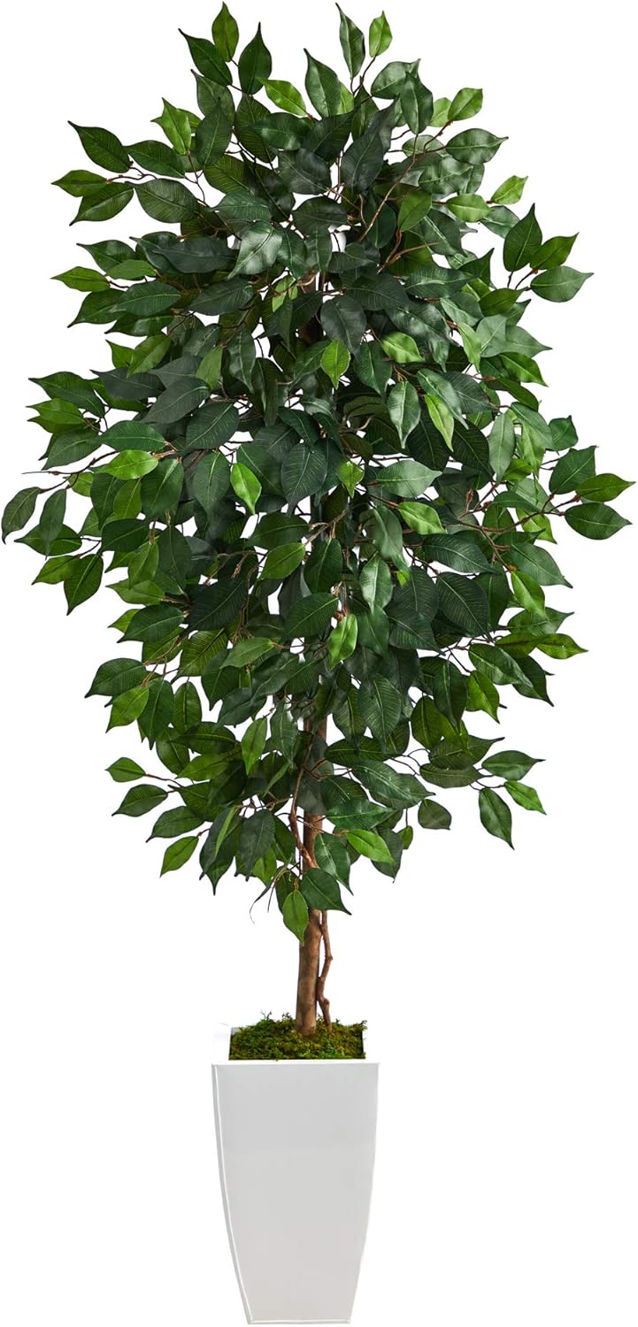 Nearly Natural Ficus 54inH Artificial Plant With Metal Planter, 54inH x 21inW x 19inD, Green/White