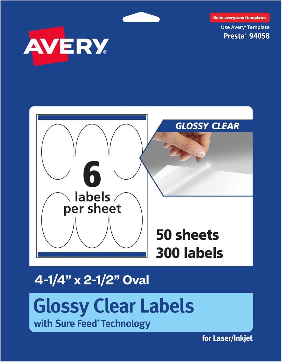 AVERY Glossy Clear Oval Labels, Sure Feed Technology, 4.25" x 2.5", Laser/Inkjet Printable