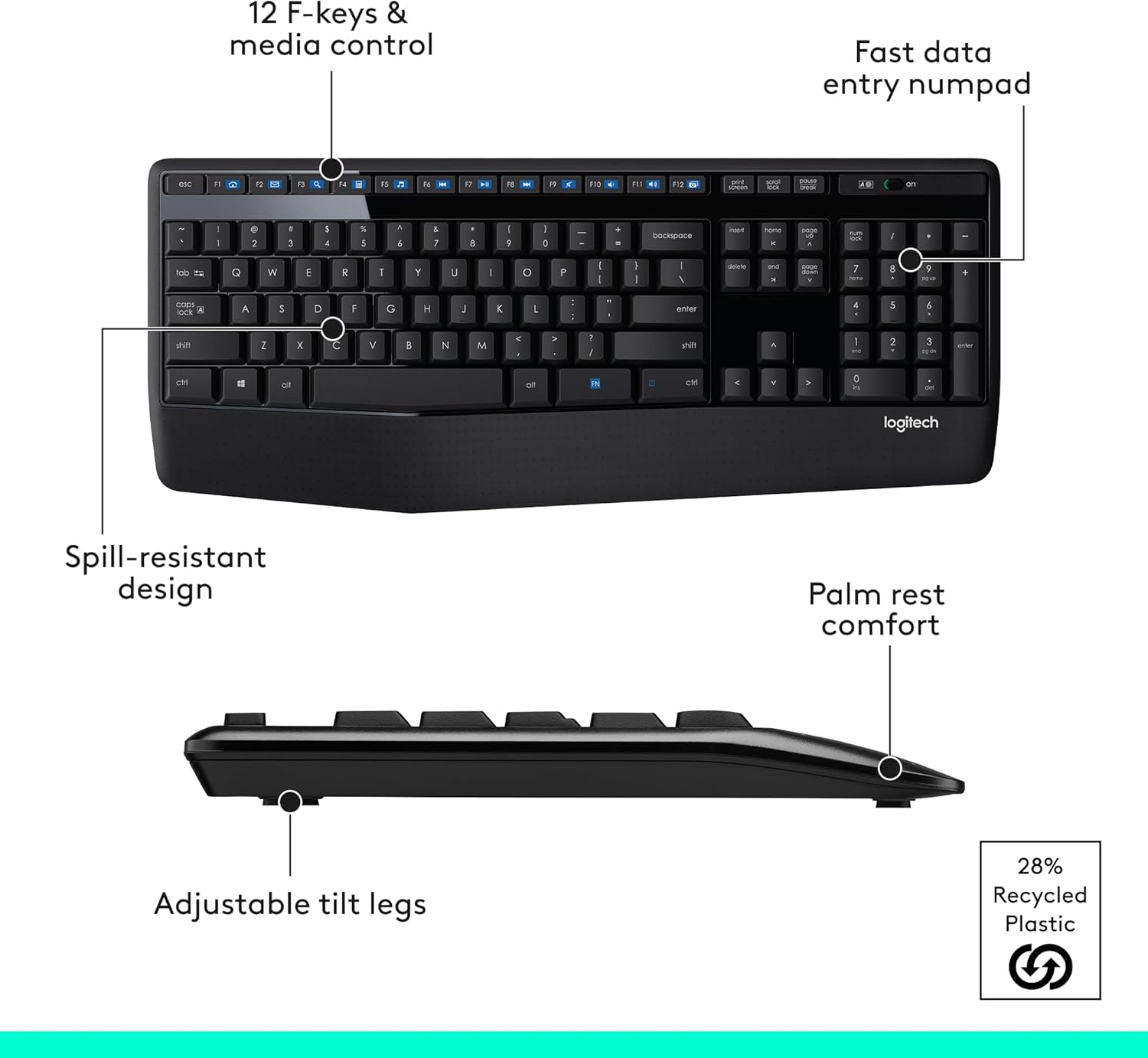 Logitech MK345 Wireless Keyboard and Mouse Combo with Palm Rest, 2.4 GHz USB Receiver, Compatible with PC, Laptop