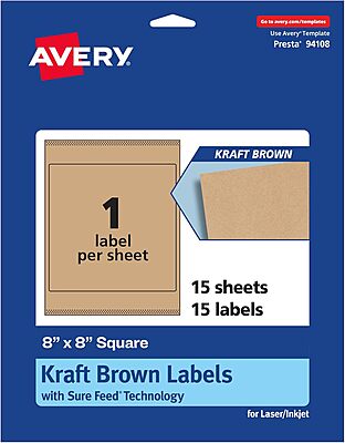 AVERY Kraft Brown Square Labels, Sure Feed Technology, 8" x 8"