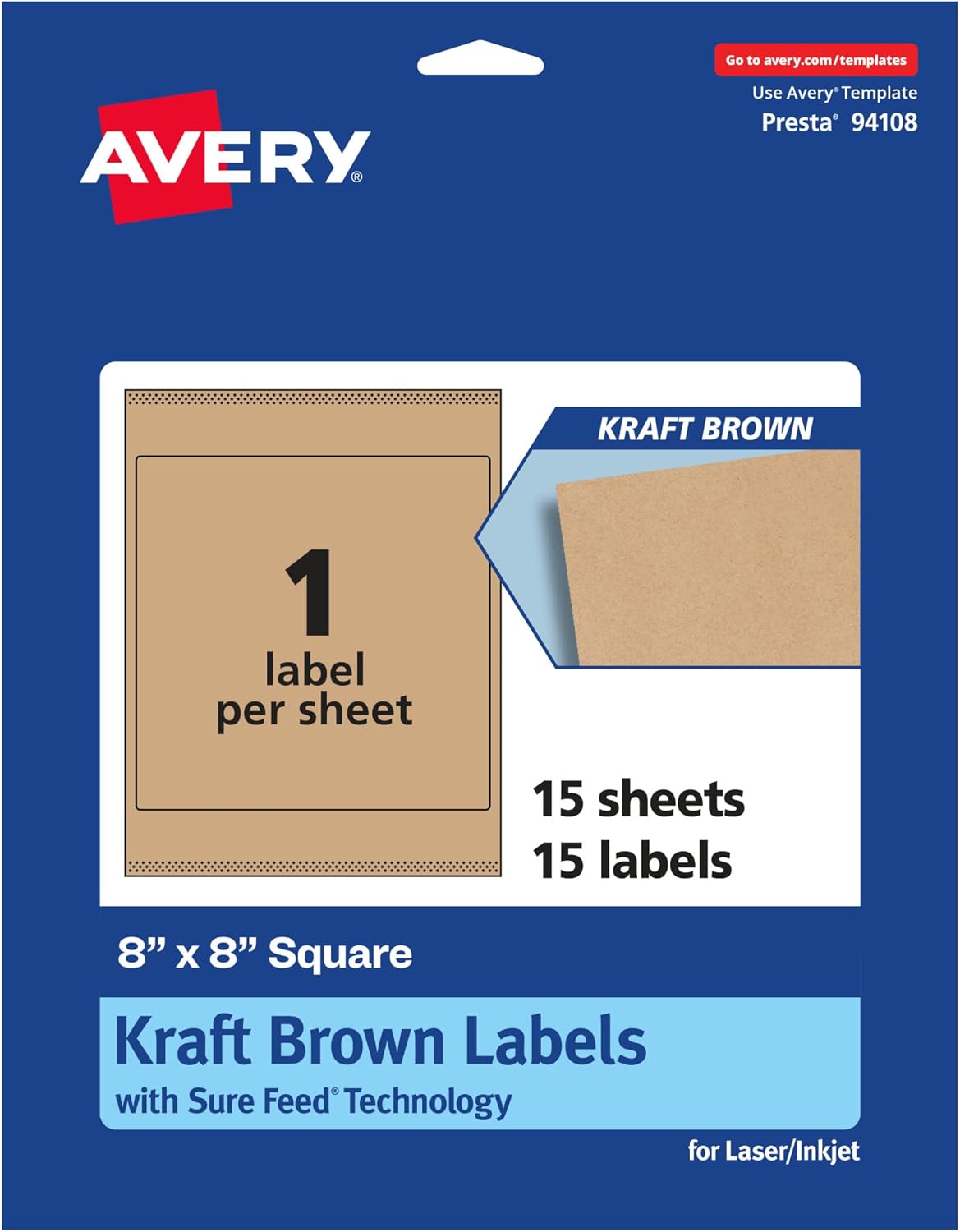 AVERY Kraft Brown Square Labels, Sure Feed Technology, 8" x 8"