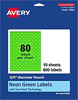 Avery Printable Round Labels, Sure Feed Technology, 3/4" Diameter, Neon Green, Print-to-the-Edge, Laser/Inkjet