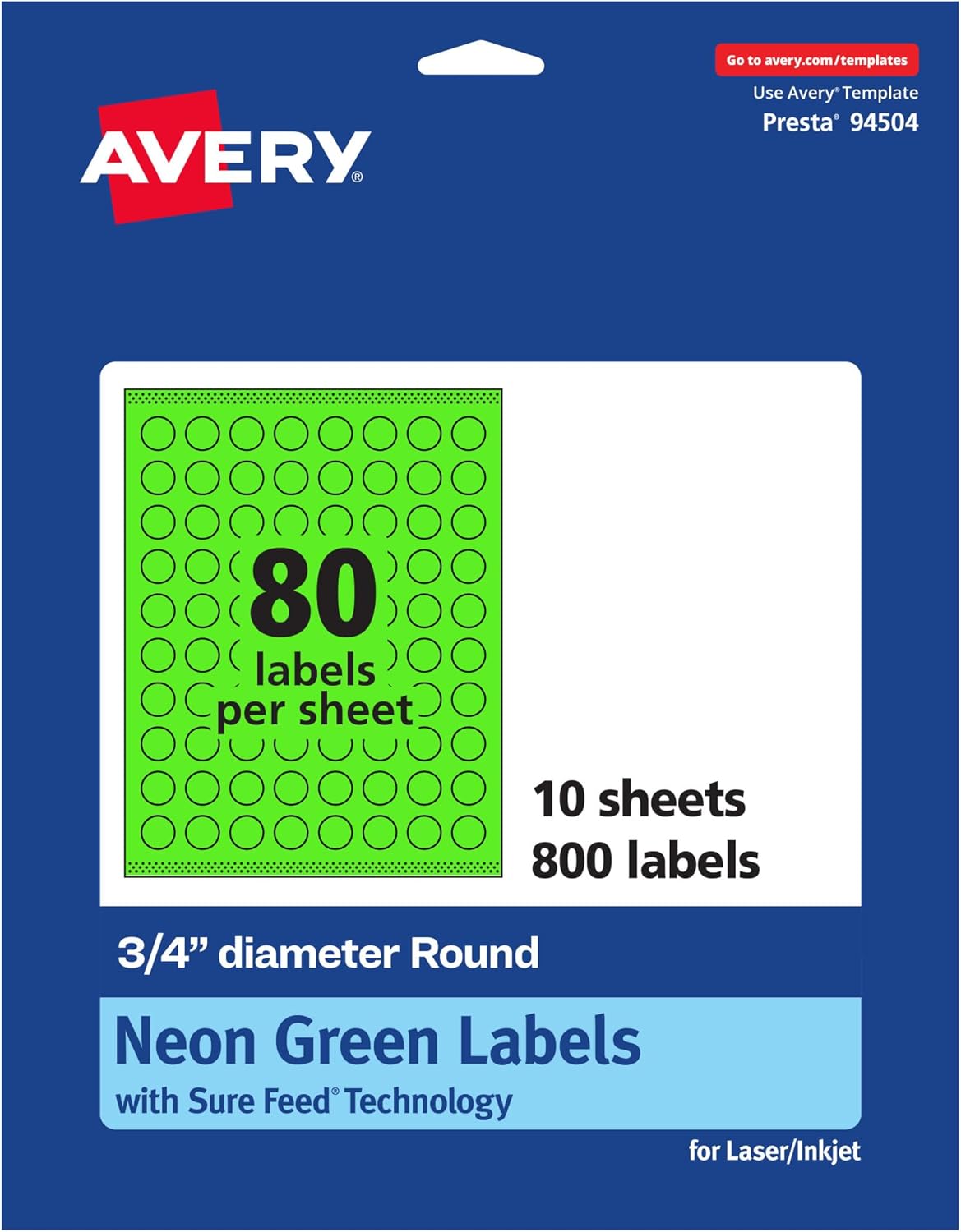 Avery Printable Round Labels, Sure Feed Technology, 3/4" Diameter, Neon Green, Print-to-the-Edge, Laser/Inkjet
