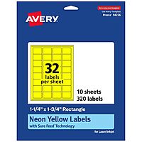 Avery Printable Rectangle Labels, Sure Feed Technology, 1-1/4" x 1-3/4", Neon Yellow, Laser/Inkjet Printable