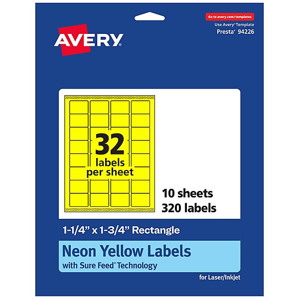 Avery Printable Rectangle Labels, Sure Feed Technology, 1-1/4" x 1-3/4", Neon Yellow, Laser/Inkjet Printable