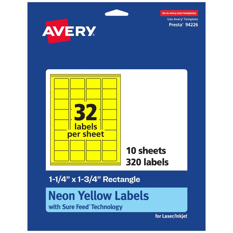 Avery Printable Rectangle Labels, Sure Feed Technology, 1-1/4" x 1-3/4", Neon Yellow, Laser/Inkjet Printable