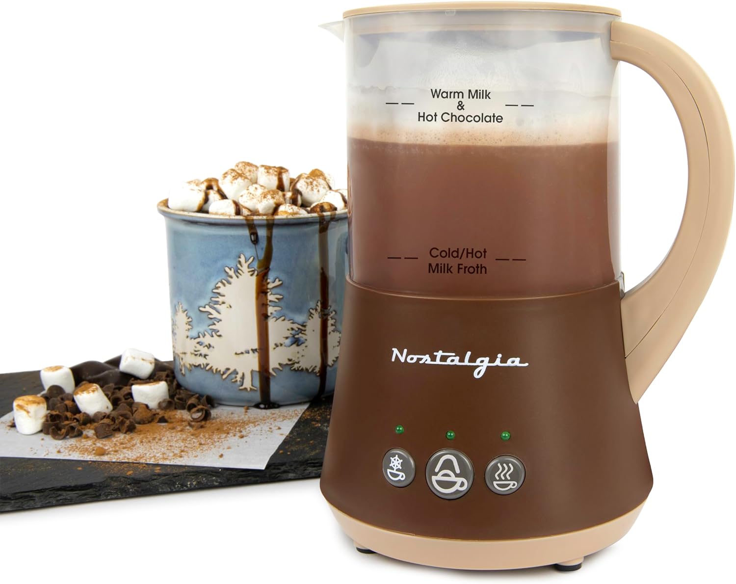 Nostalgia 32 Oz Frother and Hot Chocolate Maker, Warm or Cold Milk Foam, Includes Cocoa Bomb Mold, for Coffees, Lattes