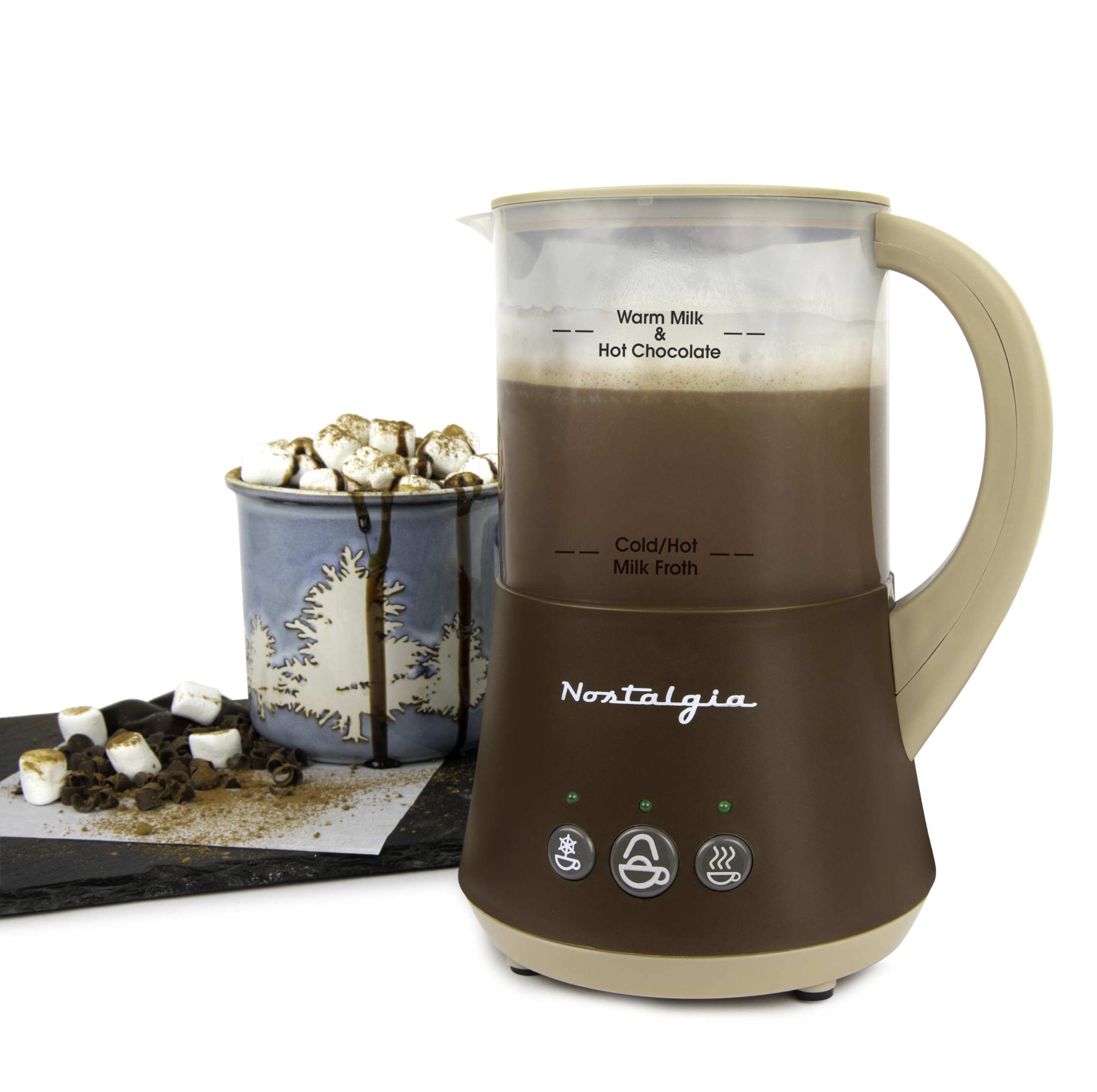 Nostalgia 32 Oz Frother and Hot Chocolate Maker, Warm or Cold Milk Foam, Includes Cocoa Bomb Mold, for Coffees, Lattes
