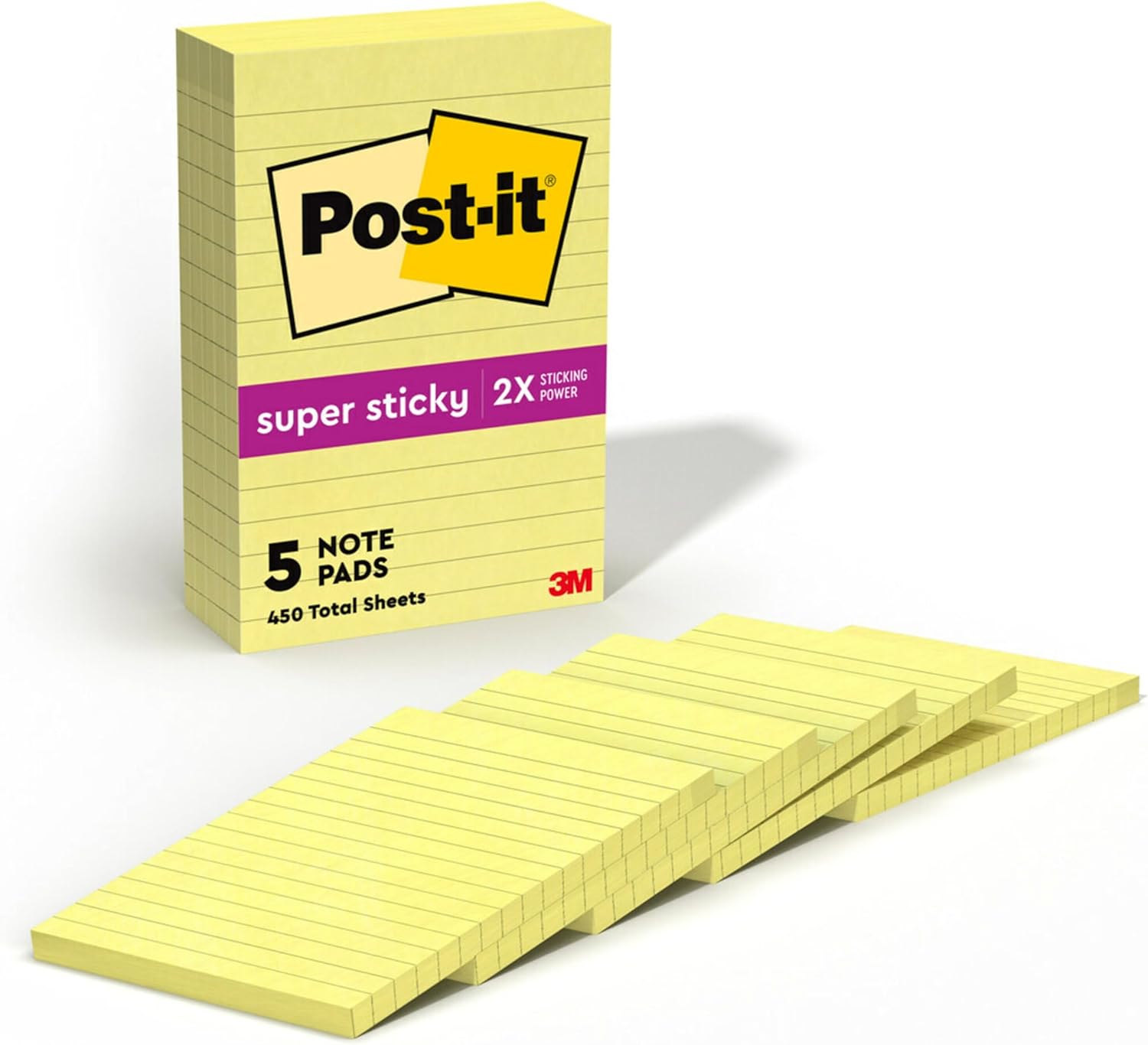 Post-it Super Sticky Notes, 4x6 in, 5 Pads, 2X The Sticking Power, Canary Yellow, Recyclable 9.6" x 5"
