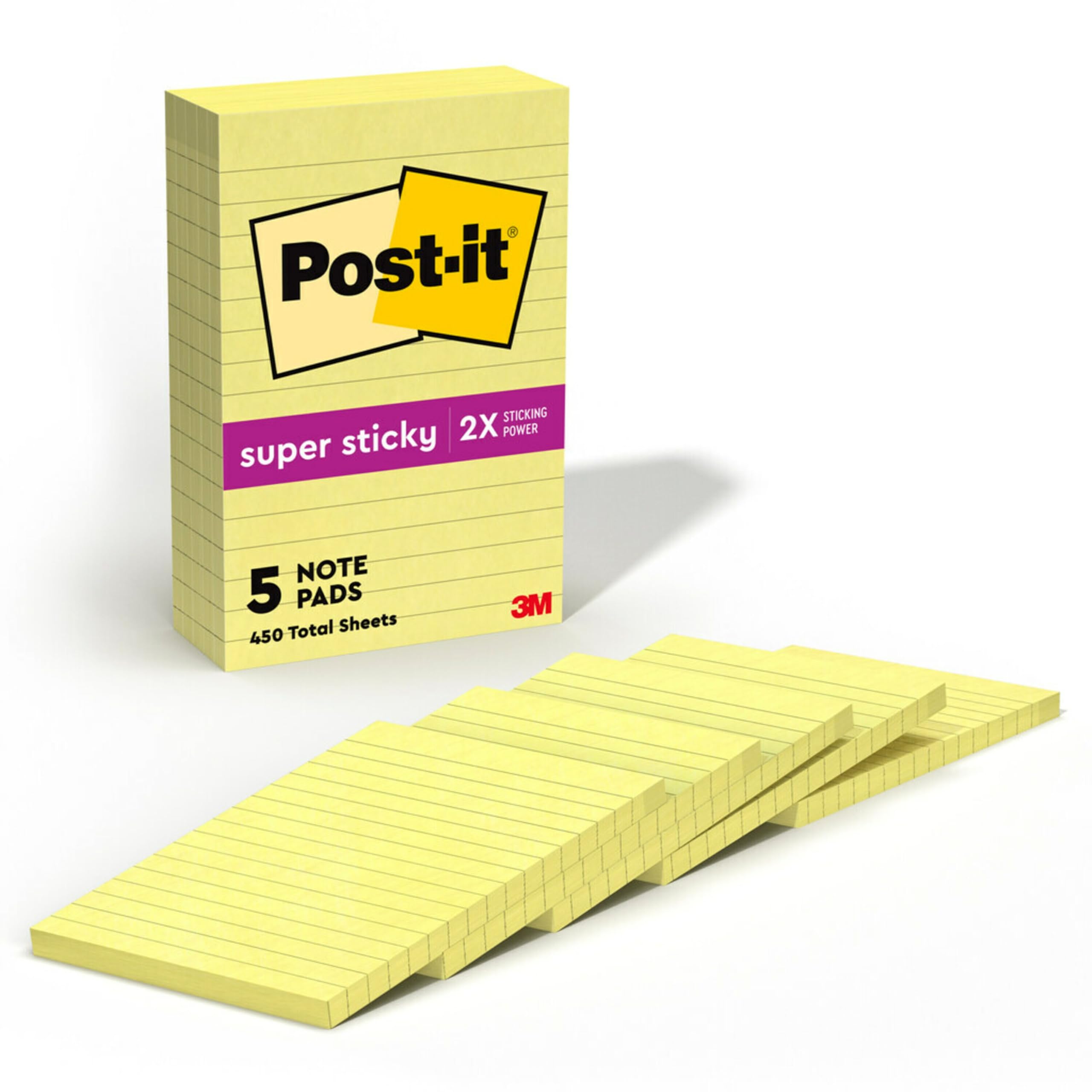 Post-it Super Sticky Notes, 4x6 in, 5 Pads, 2X The Sticking Power, Canary Yellow, Recyclable 9.6" x 5"