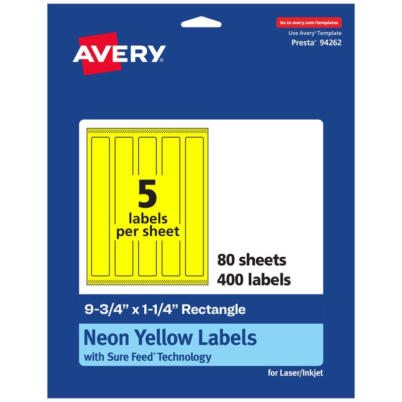 Avery Printable Rectangle Labels, Sure Feed Technology, 9-3/4" x 1-1/4", Neon Yellow, Laser/Inkjet Compatible