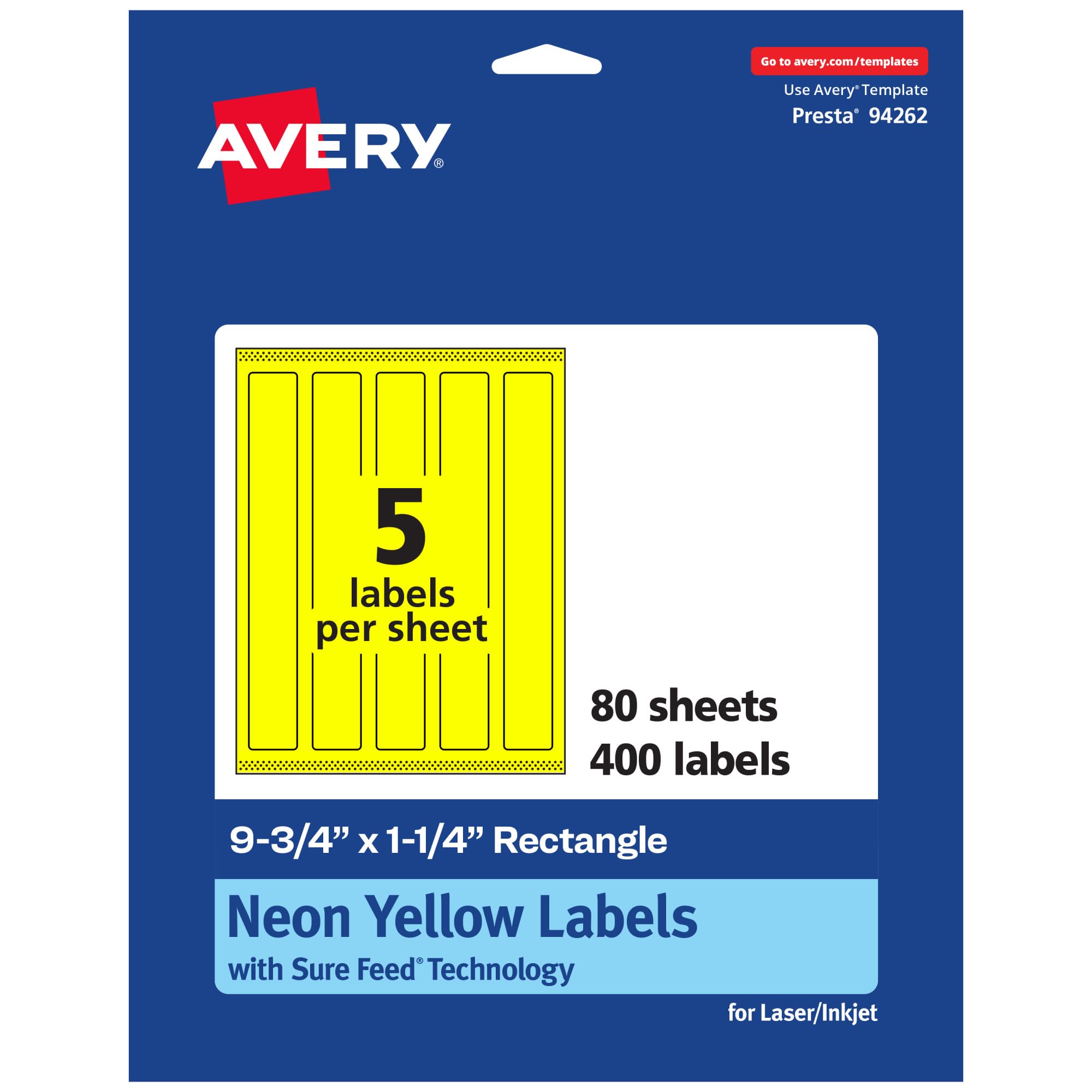 Avery Printable Rectangle Labels, Sure Feed Technology, 9-3/4" x 1-1/4", Neon Yellow, Laser/Inkjet Compatible