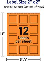 AVERY Printable Square Labels, Sure Feed Technology, 2 in x 2 in, Bright Orange