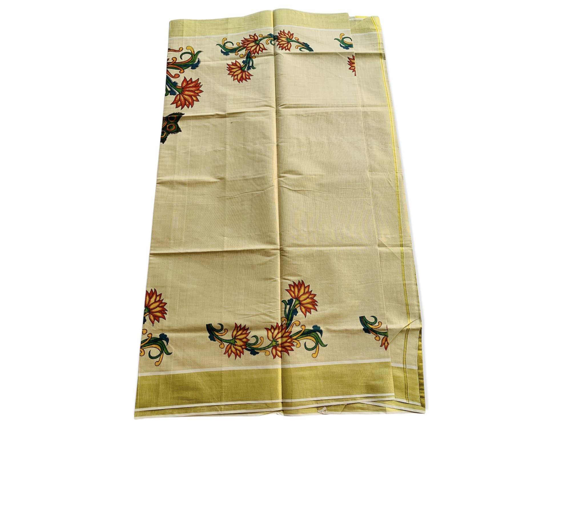 Kuthampully Kerala Kasavu Saree Tissue Mural Painted | Traditional South Indian Saree | Onam Saree - Multi Color KTM-643