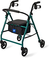 Medline Aluminum Rollator Walker with Seat, Green, 250 Lb. Weight Capacity, Lightweight, 6" Wheels, Foldable, Adjustable Handles, Rolling Walker for Seniors