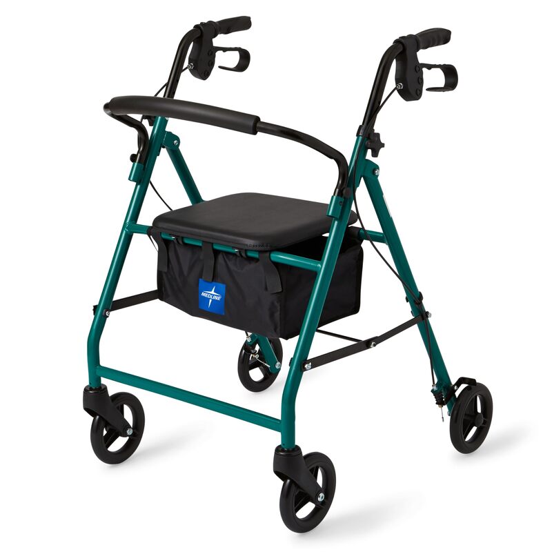 Medline Aluminum Rollator Walker with Seat, Green, 250 Lb. Weight Capacity, Lightweight, 6" Wheels, Foldable, Adjustable Handles, Rolling Walker for Seniors