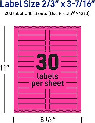 AVERY Printable Rectangle Labels, Sure Feed Technology, 2/3" x 3-7/16", Neon Magenta, Laser/Inkjet Printable