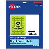 AVERY Printable Rectangle Labels, Sure Feed Technology, 1" x 1-1/2", Bright Green, Print-to-The-Edge, Laser/Inkjet Printable