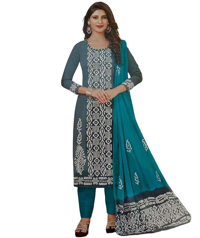 Unstitched-Cotton Kurta with Printed Patterns set in slate gray and turquoise