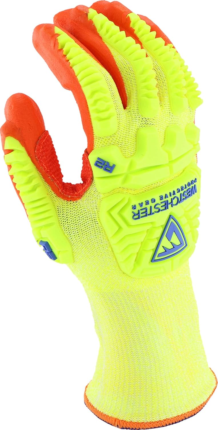 West Chester HVY710HSNFB Hi-Vis HPPE Nitrile Palm Coated Gloves – Small, Yellow/Orange