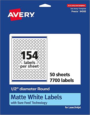 Avery Matte White Round Labels, Sure Feed Technology, 1/2" Diameter