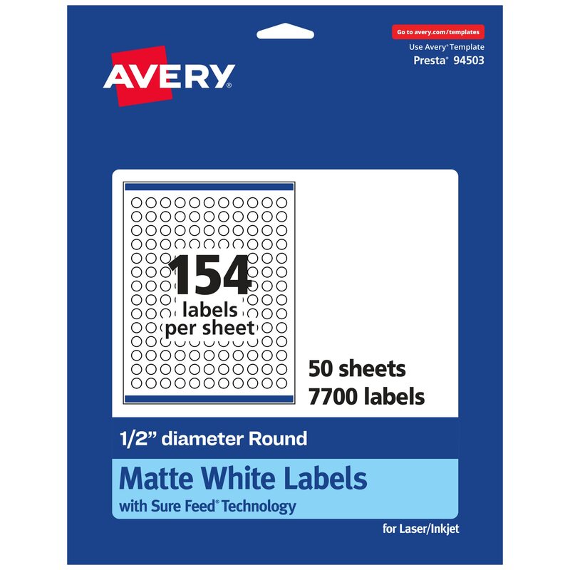 Avery Matte White Round Labels, Sure Feed Technology, 1/2" Diameter