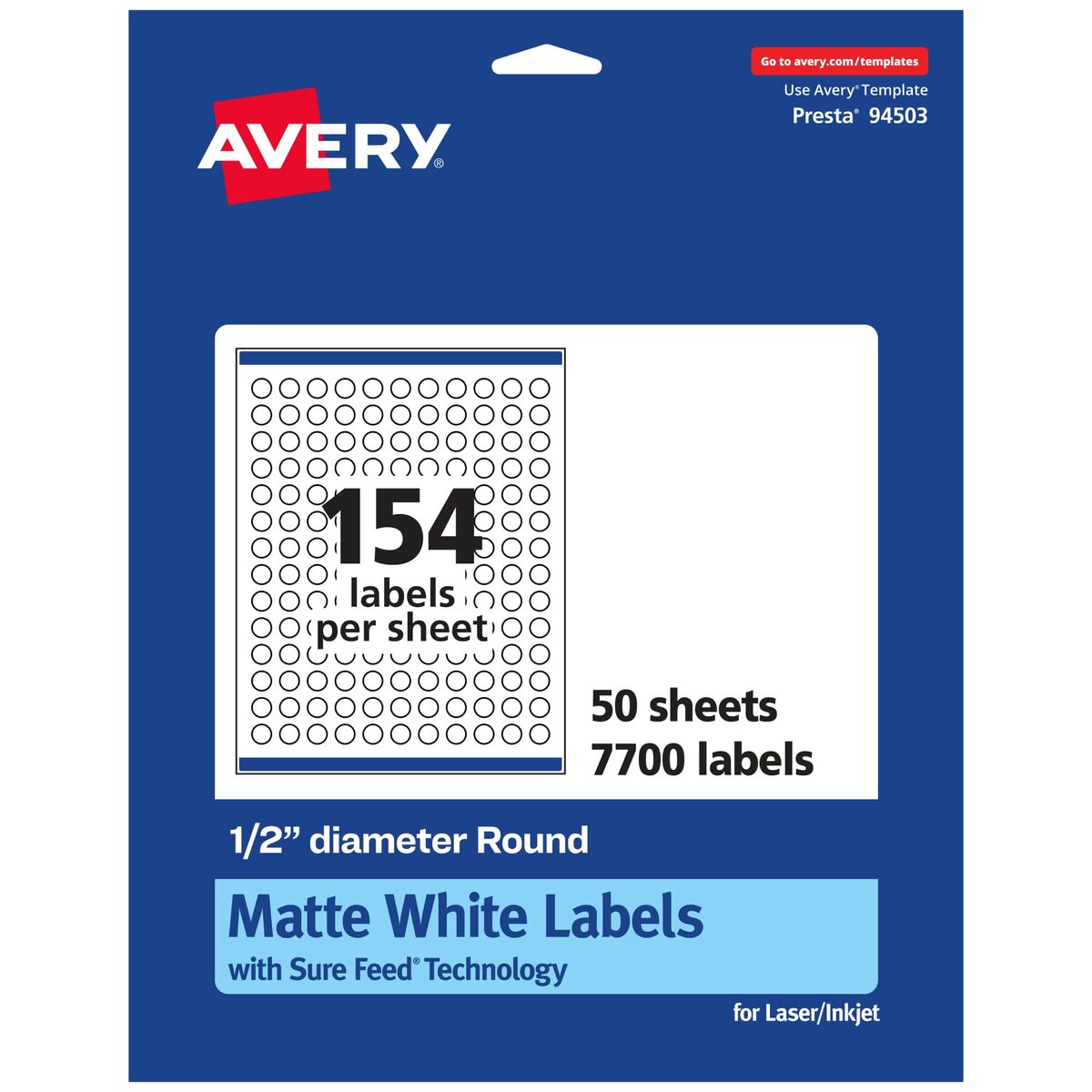 Avery Matte White Round Labels, Sure Feed Technology, 1/2" Diameter