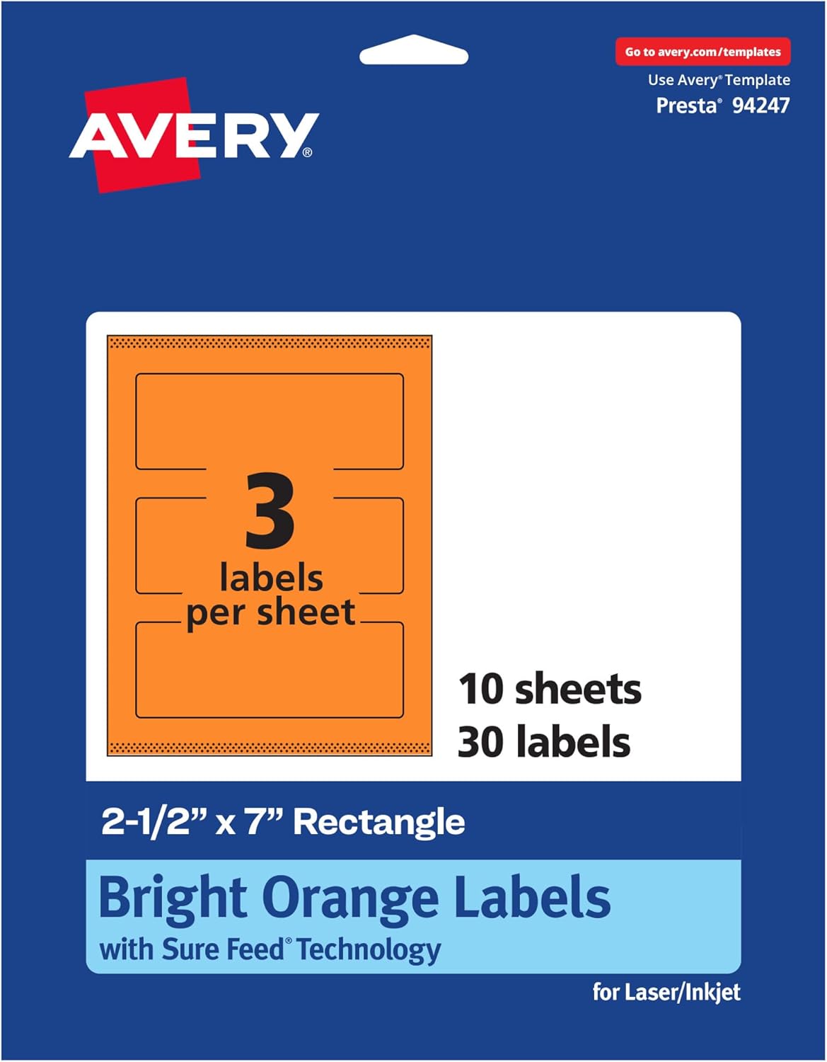 Avery Printable Rectangle Labels, Sure Feed Technology, 2.5" x 7", Bright Orange, Print-to-The-Edge, Laser/Inkjet
