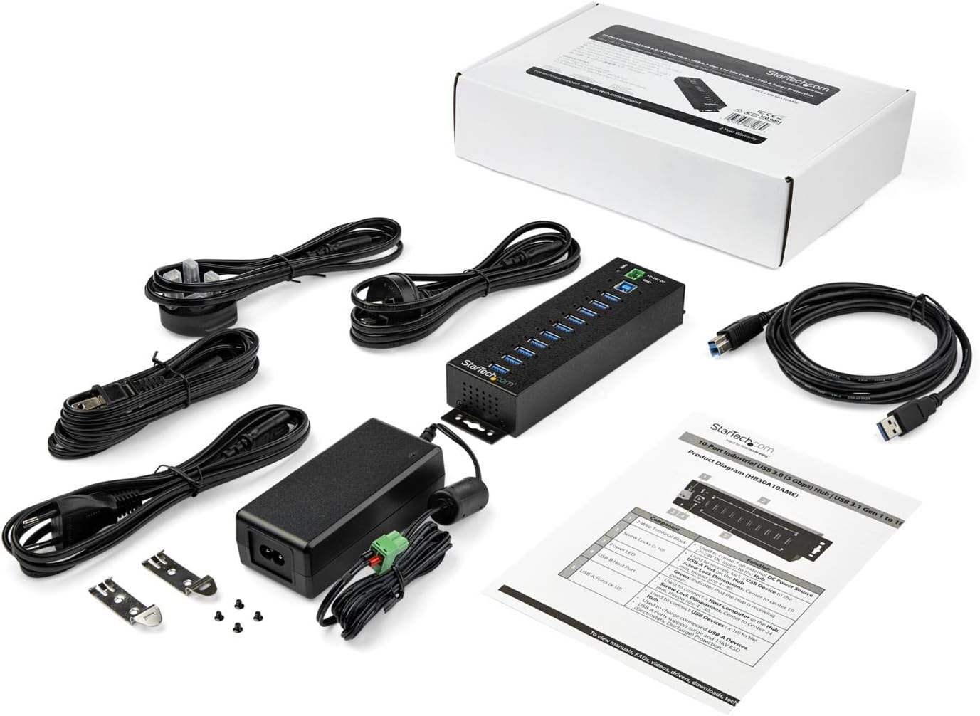 StarTech.com 10-Port USB 3.0 Hub with Power Adapter - Metal Industrial USB-A Hub with ESD & 350W Surge Protection