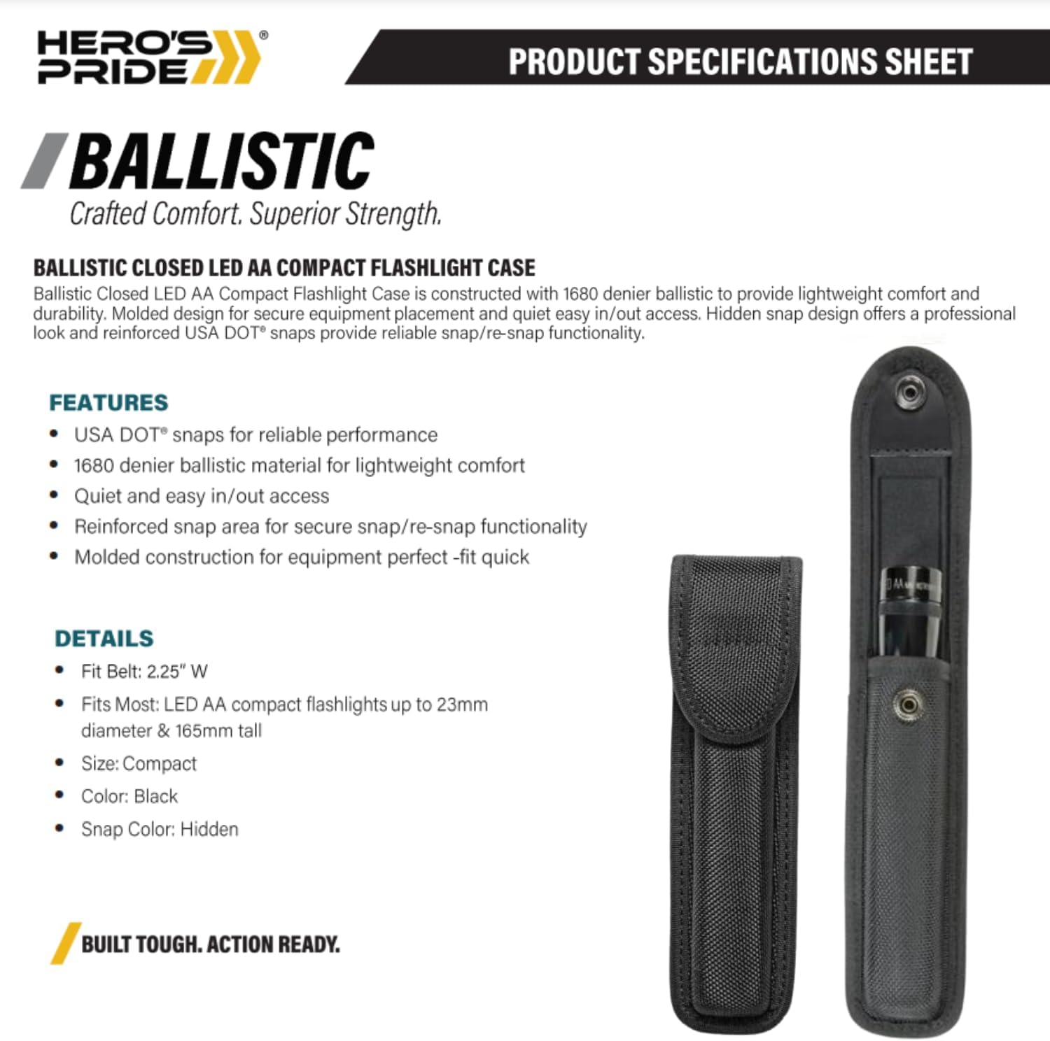 Hero's Pride Ballistic Closed LED AA Compact Flashlight Case - Lightweight Design - Hidden USA DOT Snaps